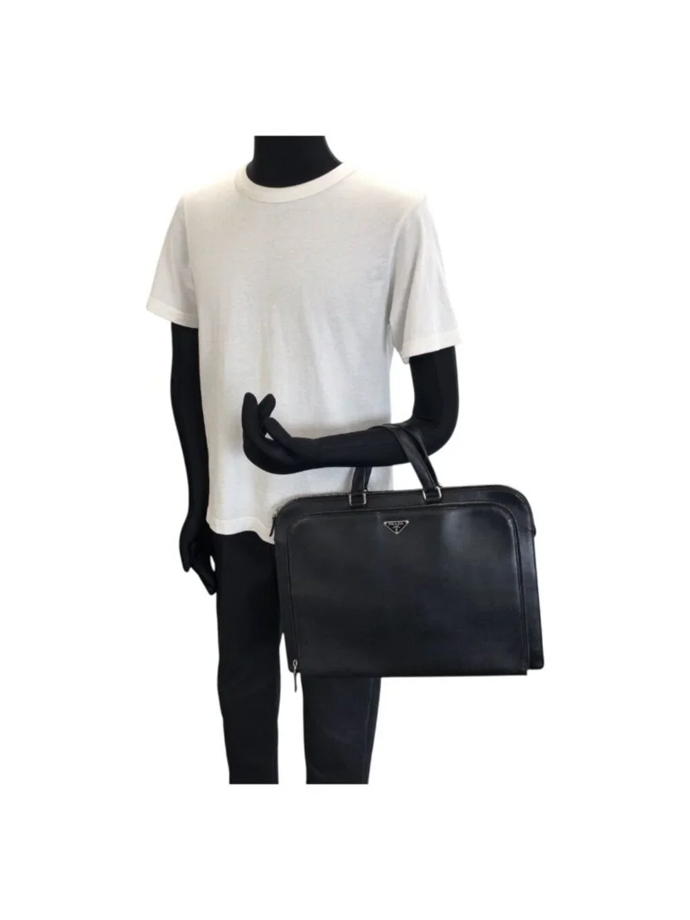 Prada Saffiano Black Silver Leather Business Briefcase